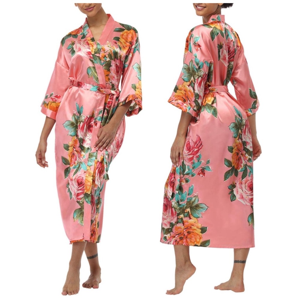 Full Length Satin Floral Kimono Robe (xl-3xl)